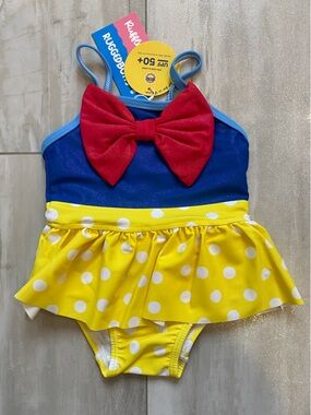NWT RuffleButts Apple Princess Big Bow Yellow Polka Dot Skirted Swimsuit 3-6M